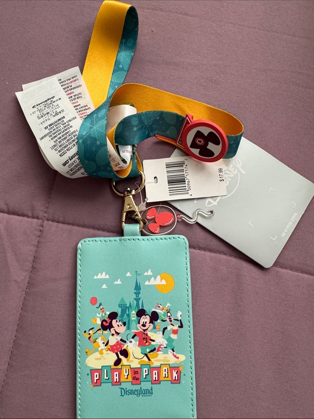 Disney Aqua and Yellow Kids Lanyard ID Holder with Mickey & Friends